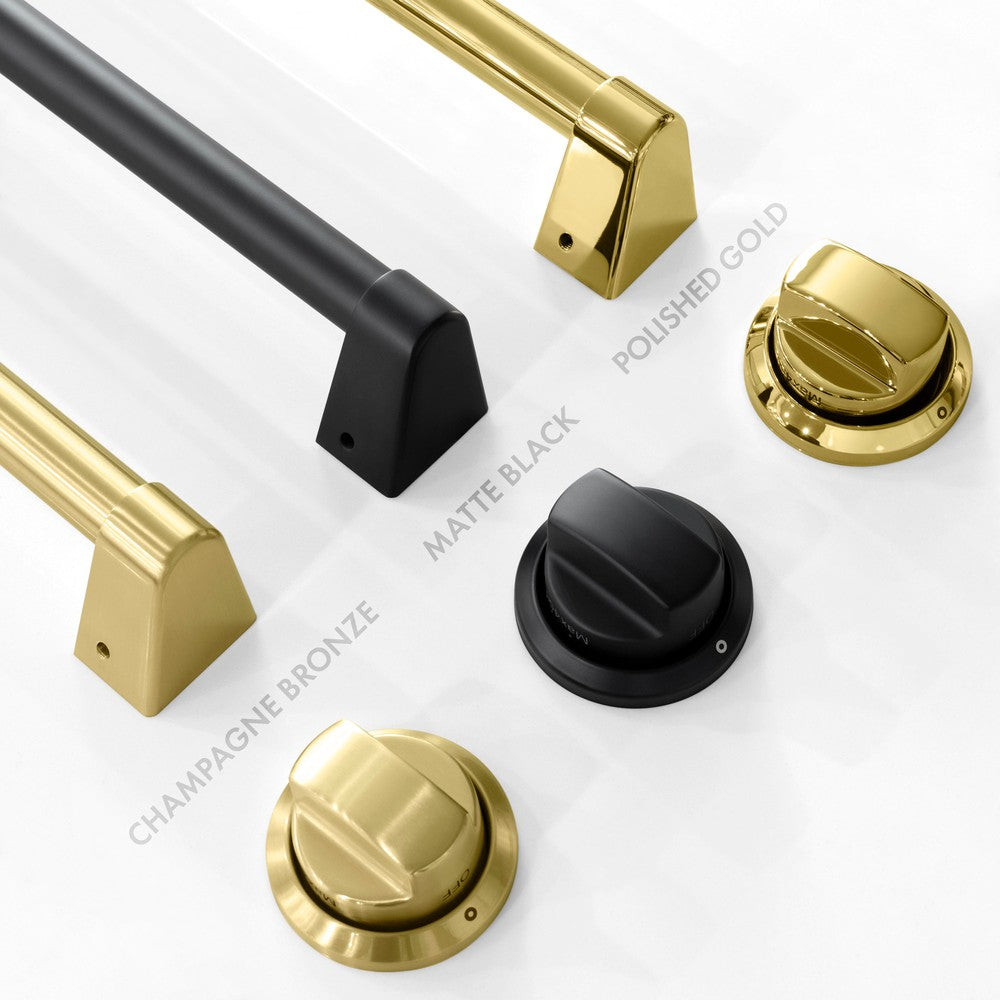 ZLINE Autograph Edition Range handle and knob finish comparisons. Left - Champagne Bronze. Center - Matte Black. Right - Polished Gold.