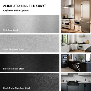 ZLINE appliance finish options with kitchen images. Top to bottom. Stainless Steel. Satin Stainless Steel. Black Stainless Steel. Black Satin Stainless Steel.