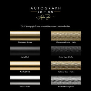 ZLINE Autograph Edition accent finish comparison chart. Top to bottom labeled: Champagne Bronze, Matte Black, Polished Gold, and Polished Nickel