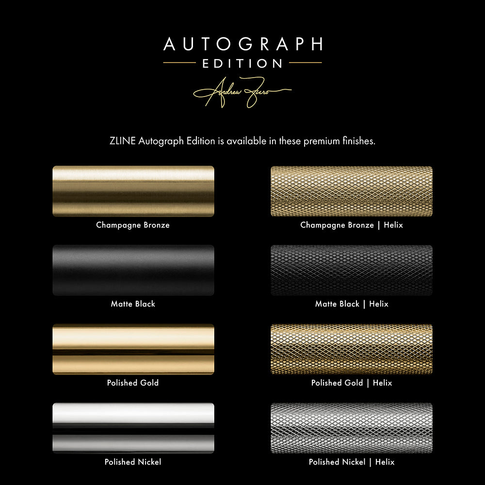 ZLINE Autograph Edition accent finish comparison chart. Top to bottom labeled: Champagne Bronze, Matte Black, Polished Gold, and Polished Nickel.