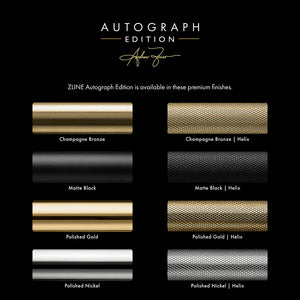 ZLINE Autograph Edition accent finish comparison chart. Top to bottom labeled: Champagne Bronze, Matte Black, Polished Gold, and Polished Nickel