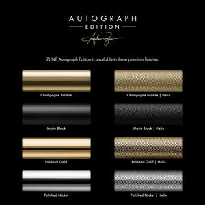 ZLINE Autograph Edition accent finish comparison chart. Top-to-bottom labeled: Champagne Bronze, Matte Black, Polished Gold, and Polished Nickel.