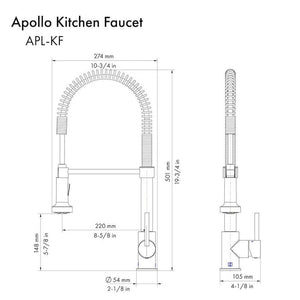 ZLINE Autograph Edition Apollo Pull Down Spring Single Handle Kitchen Faucet in Matte Black and Champagne Bronze (APL-KF-ZMBCB) dimensional diagram.