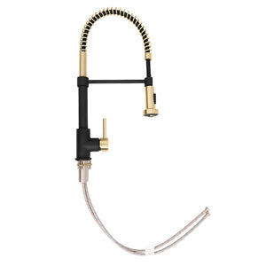 ZLINE Autograph Edition Apollo Pull Down Spring Single Handle Kitchen Faucet in Matte Black and Champagne Bronze (APL-KF-ZMBCB) side, profile.