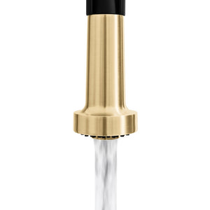 ZLINE Autograph Edition Apollo Pull Down Spring Single Handle Kitchen Faucet in Matte Black and Champagne Bronze (APL-KF-ZMBCB) spout on, stream mode.