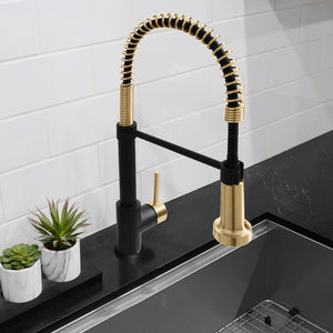 ZLINE Autograph Edition Apollo Pull Down Spring Single Handle Kitchen Faucet in Matte Black and Champagne Bronze (APL-KF-ZMBCB) in a luxury kitchen, from above.