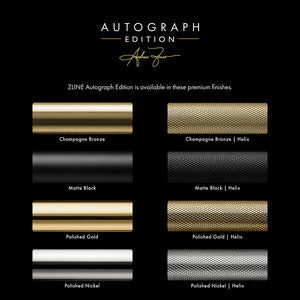 Color swatches for ZINE Autograph Edition finishes. Top to bottom: Champagne Bronze, Matte Black, Polished Gold, and Polished Nickel.