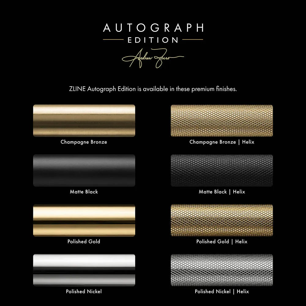Color swatches for ZINE Autograph Edition finishes. Top to bottom: Champagne Bronze, Matte Black, Polished Gold, and Polished Nickel.
