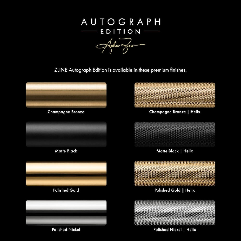 Color swatches for ZINE Autograph Edition finishes. Top to bottom: Champagne Bronze, Matte Black, Polished Gold, and Polished Nickel.