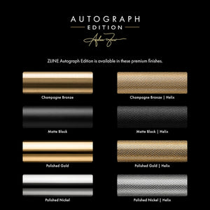 Color swatches for ZINE Autograph Edition finishes. Top to bottom: Champagne Bronze, Matte Black, Polished Gold, and Polished Nickel.