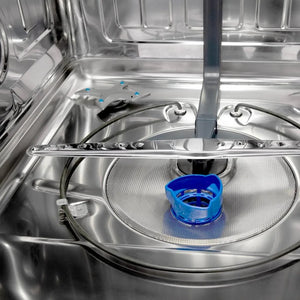 ZLINE Autograph Edition 24 in. Monument Series 3rd Rack Top Touch Control Tall Tub Dishwasher in Black Matte with Champagne Bronze Handle, 45dBa (DWMTZ-BLM-24-CB) close-up, primary spray arm inside tub.