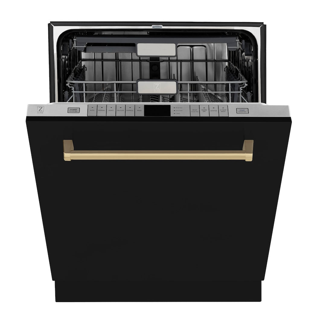 ZLINE Autograph Edition 24 in. Monument Series 3rd Rack Top Touch Control Tall Tub Dishwasher in Black Matte with Champagne Bronze Handle, 45dBa (DWMTZ-BLM-24-CB)