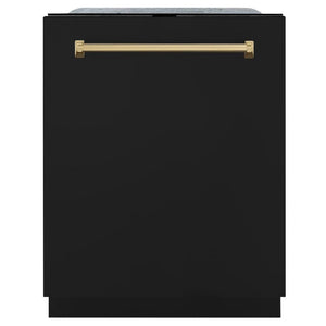 ZLINE Autograph Edition 24 in. Monument Series 3rd Rack Top Touch Control Tall Tub Dishwasher in Black Matte with Champagne Bronze Handle, 45dBa (DWMTZ-BLM-24-CB) front, closed.