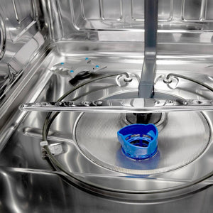 ZLINE Autograph Edition 24 in. Monument Series 3rd Rack Top Touch Control Tall Tub Dishwasher in Black Matte with Polished Gold Handle, 45dBa (DWMTZ-BLM-24-G) close-up, primary spray arm inside tub.