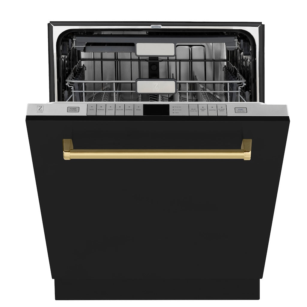 ZLINE Autograph Edition 24 in. Monument Series 3rd Rack Top Touch Control Tall Tub Dishwasher in Black Matte with Polished Gold Handle, 45dBa (DWMTZ-BLM-24-G)