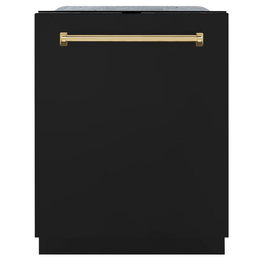 ZLINE Autograph Edition 24 in. Monument Series 3rd Rack Top Touch Control Tall Tub Dishwasher in Black Matte with Polished Gold Handle, 45dBa (DWMTZ-BLM-24-G) front, closed.