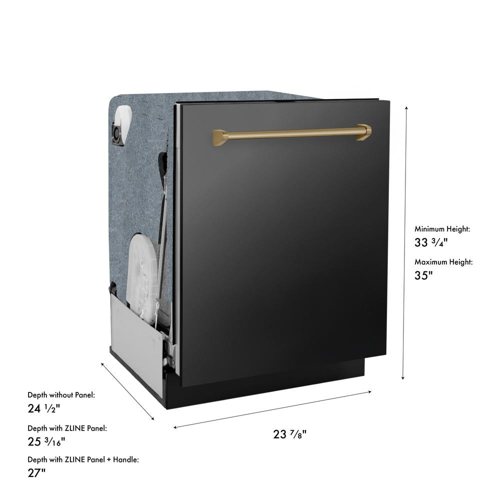 ZLINE Autograph Edition 24 in. Monument Series 3rd Rack Top Touch Control Tall Tub Dishwasher in Black Stainless Steel with Champagne Bronze Handle, 45dBa (DWMTZ-BS-24-CB) dimensional diagram.