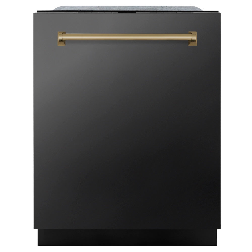 ZLINE Autograph Edition 24 in. Monument Series 3rd Rack Top Touch Control Tall Tub Dishwasher in Black Stainless Steel with Champagne Bronze Handle, 45dBa (DWMTZ-BS-24-CB) main image.