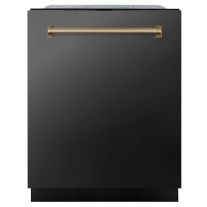 ZLINE Autograph Edition 24 in. Monument Series 3rd Rack Top Touch Control Tall Tub Dishwasher in Black Stainless Steel with Champagne Bronze Handle, 45dBa (DWMTZ-BS-24-CB) main image.