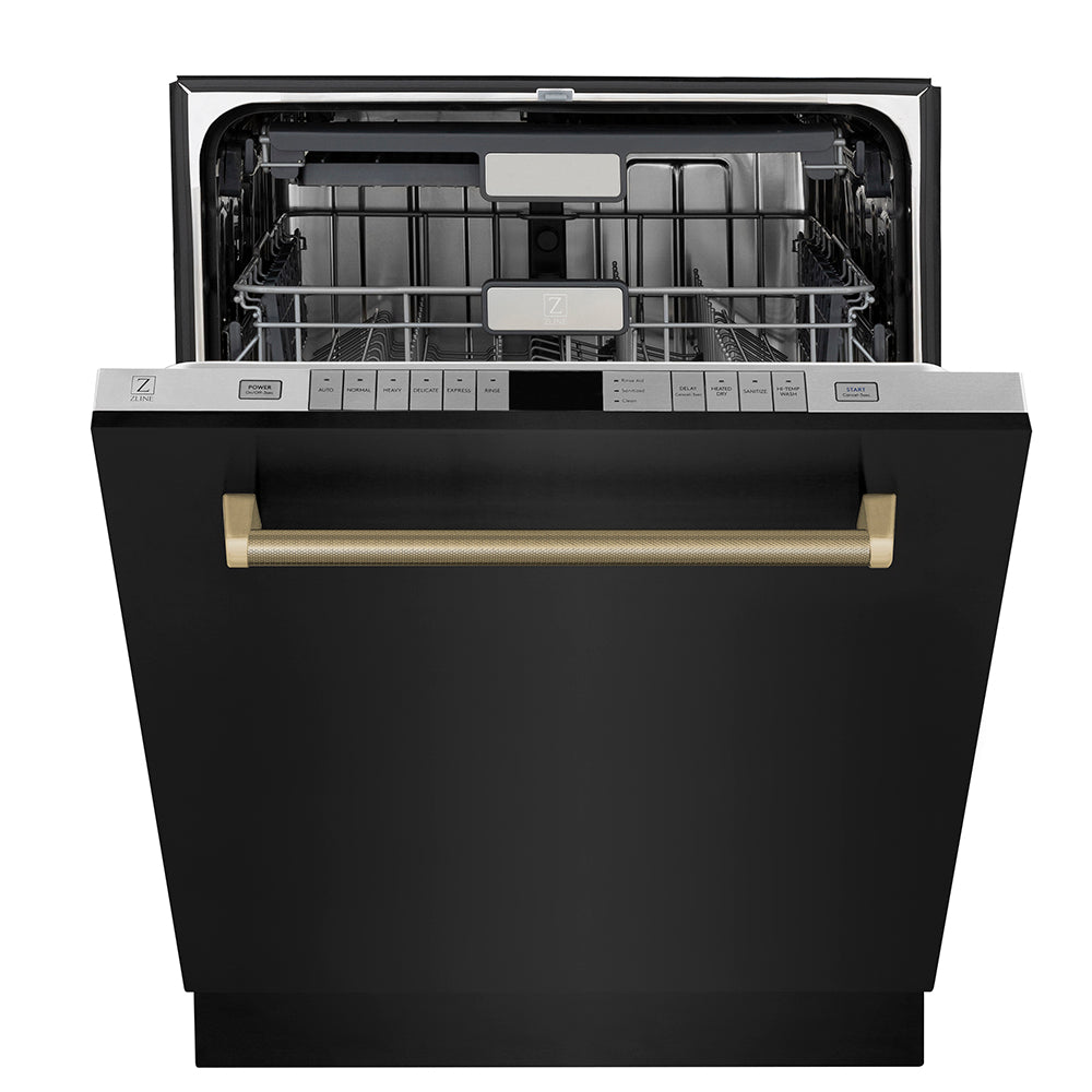 ZLINE Autograph Edition 24 in. Monument Series 3rd Rack Top Touch Control Tall Tub Dishwasher in Black Stainless Steel with Champagne Bronze Helix Handle, 45dBa (DWMTZ-BS-24-KCB) front, half open.