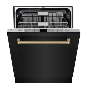 ZLINE Autograph Edition 24 in. Monument Series 3rd Rack Top Touch Control Tall Tub Dishwasher in Black Stainless Steel with Champagne Bronze Helix Handle, 45dBa (DWMTZ-BS-24-KCB) front, half open.