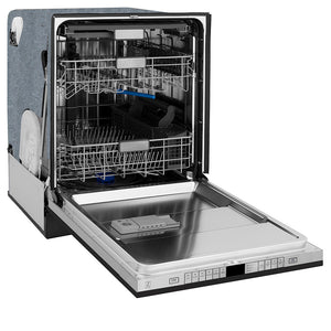 ZLINE Autograph Edition 24 in. Monument Series 3rd Rack Top Touch Control Tall Tub Dishwasher in Black Stainless Steel with Champagne Bronze Helix Handle, 45dBa (DWMTZ-BS-24-KCB) side, open.