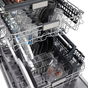 ZLINE Autograph Edition 24 in. Monument Series 3rd Rack Top Touch Control Tall Tub Dishwasher in Black Stainless Steel with Polished Gold Helix Handle, 45dBa (DWMTZ-BS-24-KG) dish racks with clean dishes, cutlery, and glassware inside.