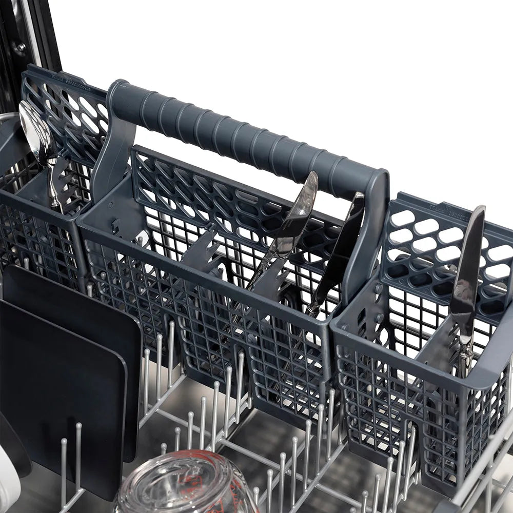 ZLINE Autograph Edition 24 in. Monument Series 3rd Rack Top Touch Control Tall Tub Dishwasher in Black Stainless Steel with Polished Gold Helix Handle, 45dBa (DWMTZ-BS-24-KG) utensil holder with cutlery and dishes inside.