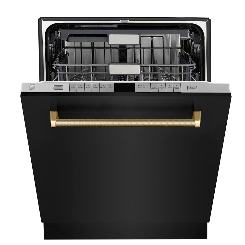 ZLINE Autograph Edition 24 in. Monument Series 3rd Rack Top Touch Control Tall Tub Dishwasher in Black Stainless Steel with Polished Gold Helix Handle, 45dBa (DWMTZ-BS-24-KG) front, half open.