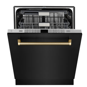 ZLINE Autograph Edition 24 in. Monument Series 3rd Rack Top Touch Control Tall Tub Dishwasher in Black Stainless Steel with Polished Gold Helix Handle, 45dBa (DWMTZ-BS-24-KG) front, half open.