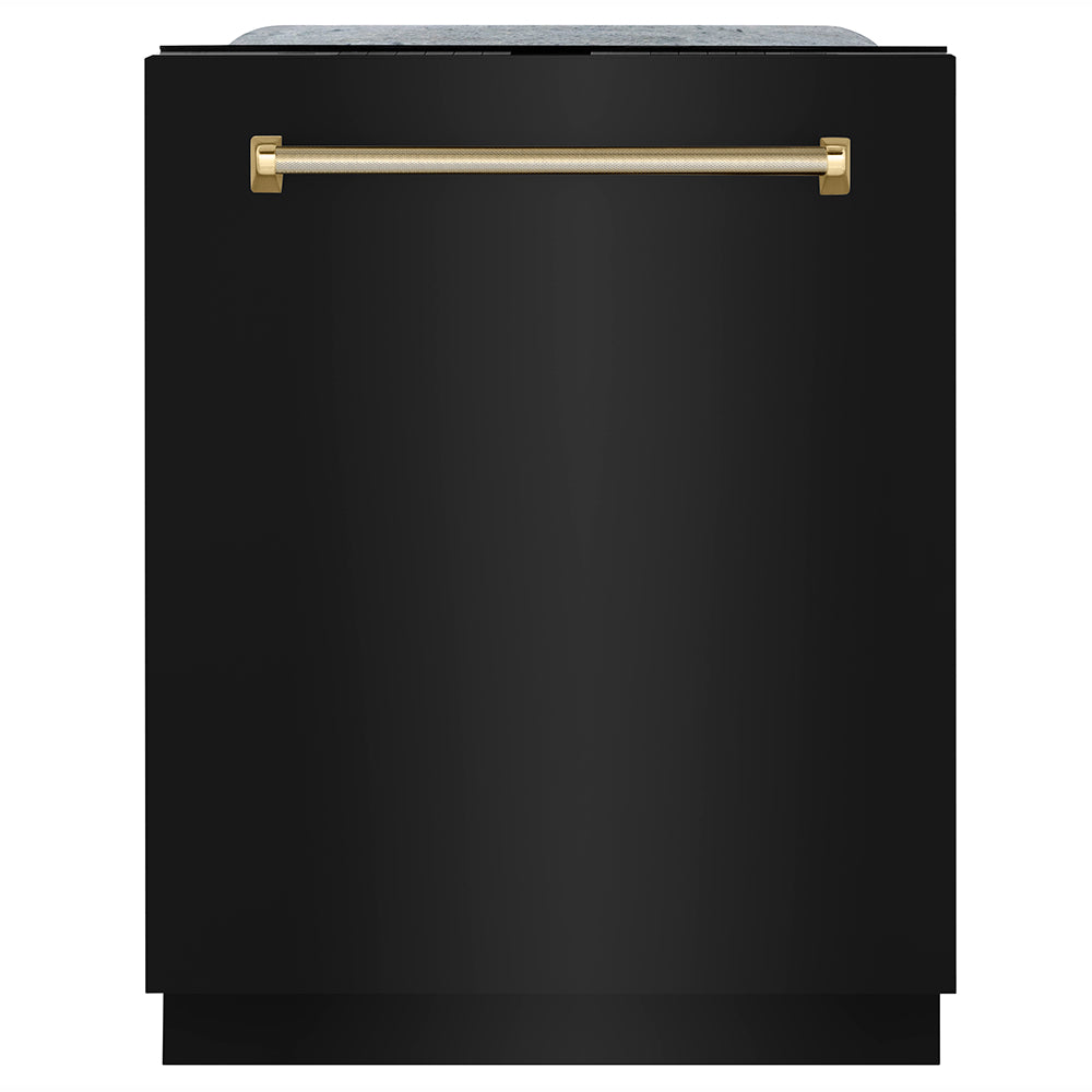 ZLINE Autograph Edition 24 in. Monument Series 3rd Rack Top Touch Control Tall Tub Dishwasher in Black Stainless Steel with Polished Gold Helix Handle, 45dBa (DWMTZ-BS-24-KG)