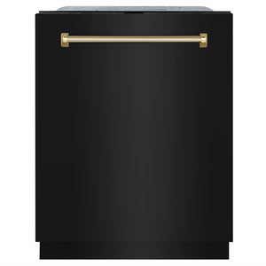 ZLINE Autograph Edition 24 in. Monument Series 3rd Rack Top Touch Control Tall Tub Dishwasher in Black Stainless Steel with Polished Gold Helix Handle, 45dBa (DWMTZ-BS-24-KG)