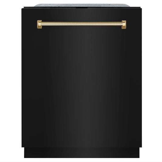 ZLINE Autograph Edition 24 in. Monument Series 3rd Rack Top Touch Control Tall Tub Dishwasher in Black Stainless Steel with Polished Gold Helix Handle, 45dBa (DWMTZ-BS-24-KG)