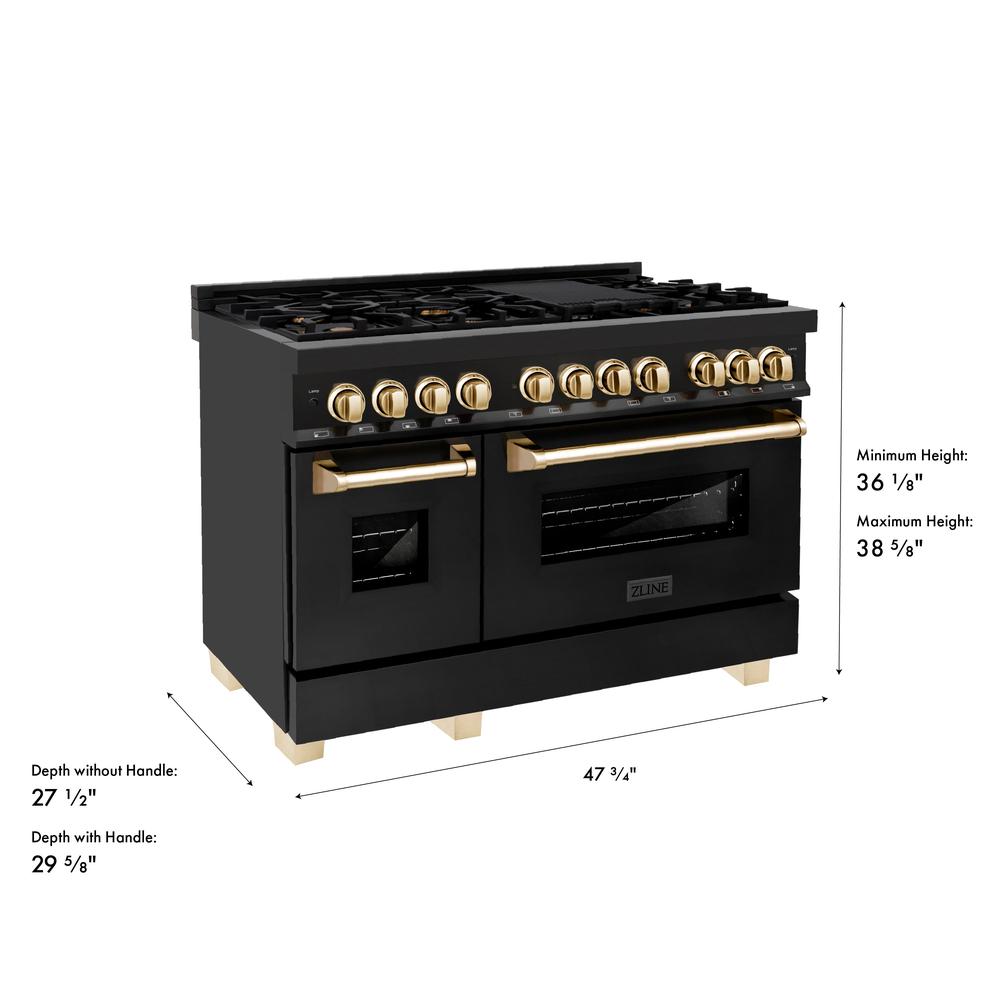 ZLINE Autograph Edition 48 in. 6.0 cu. ft. Legacy Dual Fuel Range with 7 Burner Gas Cooktop and 2 Electric Ovens in Black Stainless Steel and Polished Gold Accents (RABZ-48-G) dimensional diagram.