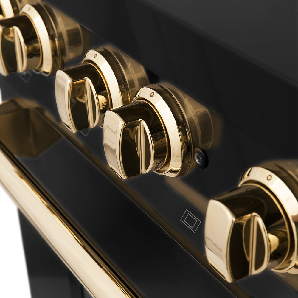 ZLINE Autograph Edition 48 in. 6.0 cu. ft. Legacy Dual Fuel Range with 7 Burner Gas Cooktop and 2 Electric Ovens in Black Stainless Steel and Polished Gold Accents (RABZ-48-G) close-up, knobs.