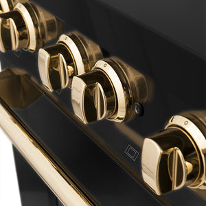 ZLINE Autograph Edition 48 in. 6.0 cu. ft. Legacy Dual Fuel Range with 7 Burner Gas Cooktop and 2 Electric Ovens in Black Stainless Steel and Polished Gold Accents (RABZ-48-G) close-up, knobs.