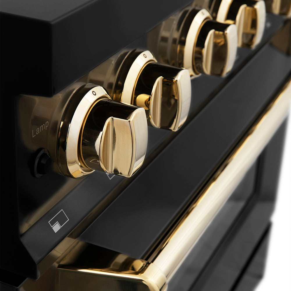 ZLINE Autograph Edition 48 in. 6.0 cu. ft. Legacy Dual Fuel Range with 7 Burner Gas Cooktop and 2 Electric Ovens in Black Stainless Steel and Polished Gold Accents (RABZ-48-G) close-up, knobs.