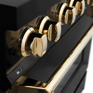 ZLINE Autograph Edition 48 in. 6.0 cu. ft. Legacy Dual Fuel Range with 7 Burner Gas Cooktop and 2 Electric Ovens in Black Stainless Steel and Polished Gold Accents (RABZ-48-G) close-up, knobs.