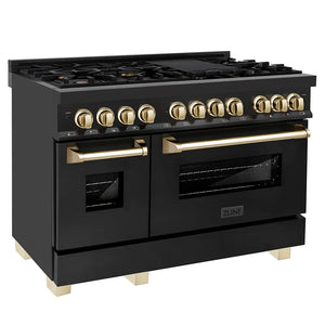 ZLINE Autograph Edition 48 in. 6.0 cu. ft. Legacy Dual Fuel Range with 7 Burner Gas Cooktop and 2 Electric Ovens in Black Stainless Steel and Polished Gold Accents (RABZ-48-G) main image.