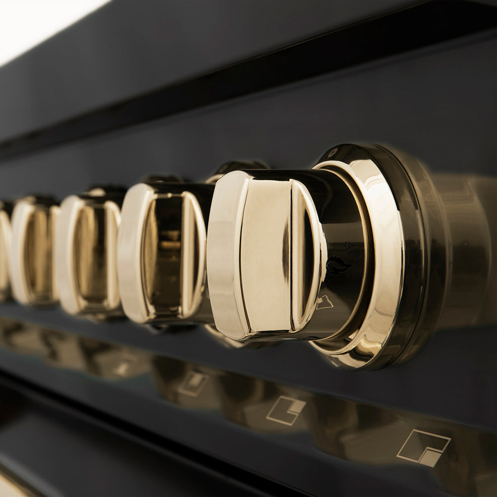 ZLINE Autograph Edition 48 in. 6.0 cu. ft. Legacy Dual Fuel Range with 7 Burner Gas Cooktop and 2 Electric Ovens in Black Stainless Steel and Polished Gold Accents (RABZ-48-G) close-up of cooktop and oven knobs.