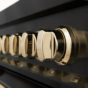 ZLINE Autograph Edition 48 in. 6.0 cu. ft. Legacy Dual Fuel Range with 7 Burner Gas Cooktop and 2 Electric Ovens in Black Stainless Steel and Polished Gold Accents (RABZ-48-G) close-up of cooktop and oven knobs.