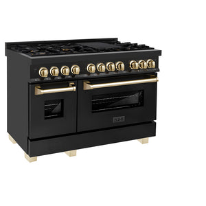 ZLINE Autograph Edition 48 in. 6.0 cu. ft. Legacy Dual Fuel Range with 7 Burner Gas Cooktop and 2 Electric Ovens in Black Stainless Steel and Polished Gold Accents (RABZ-48-G) side.