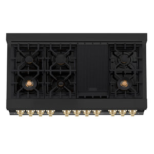 ZLINE Autograph Edition 48 in. 6.0 cu. ft. Legacy Dual Fuel Range with 7 Burner Gas Cooktop and 2 Electric Ovens in Black Stainless Steel and Polished Gold Accents (RABZ-48-G) top-down, above cooktop.