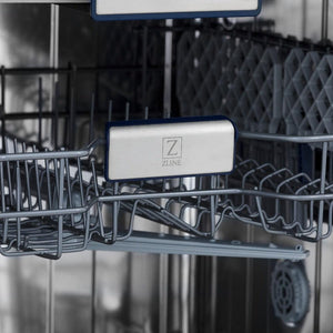 ZLINE Autograph Edition 24 in. 3rd Rack Top Control Tall Tub Dishwasher in Black Stainless Steel with Champagne Bronze Accent Handle, 51dBa (DWVZ-BS-24-CB) close-up, logo on dish rack.