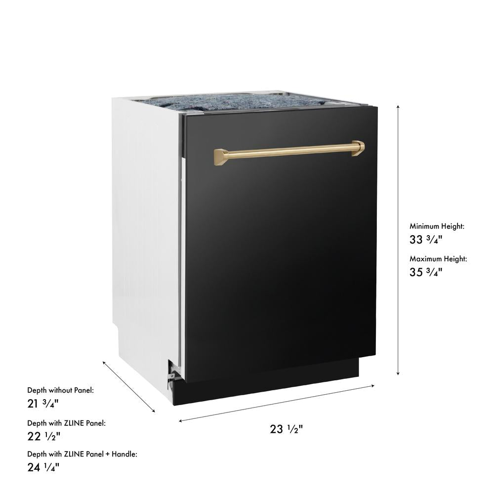 ZLINE Autograph Edition 24 in. Tallac Series 3rd Rack Top Control Built-In Tall Tub Dishwasher in Black Stainless Steel with Champagne Bronze Handle, 51dBa (DWVZ-BS-24-CB) dimensional diagram.