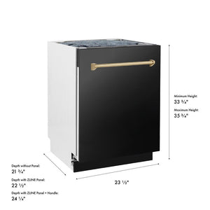 ZLINE Autograph Edition 24 in. Tallac Series 3rd Rack Top Control Built-In Tall Tub Dishwasher in Black Stainless Steel with Champagne Bronze Handle, 51dBa (DWVZ-BS-24-CB) dimensional diagram.