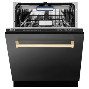 ZLINE Autograph Edition 24 in. 3rd Rack Top Control Tall Tub Dishwasher in Black Stainless Steel with Champagne Bronze Accent Handle, 51dBa (DWVZ-BS-24-CB) front, half open.