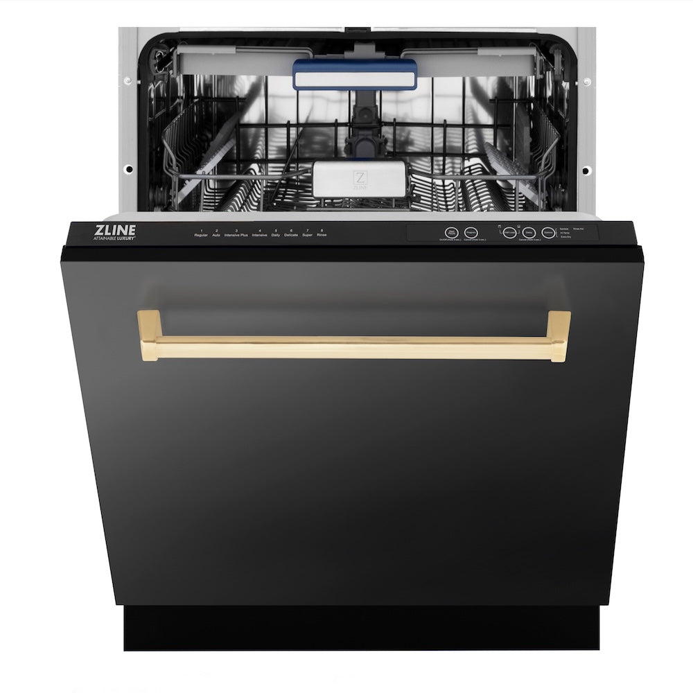 ZLINE Autograph Edition 24 in. Tallac Series 3rd Rack Top Control Built-In Tall Tub Dishwasher in Black Stainless Steel with Champagne Bronze Handle, 51dBa (DWVZ-BS-24-CB) front, half open.