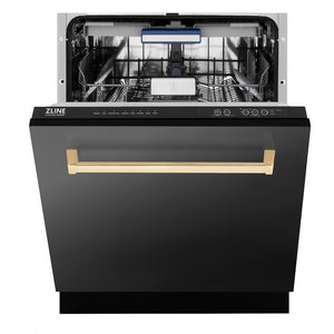ZLINE Autograph Edition 24 in. Tallac Series 3rd Rack Top Control Built-In Tall Tub Dishwasher in Black Stainless Steel with Champagne Bronze Handle, 51dBa (DWVZ-BS-24-CB) front, half open.