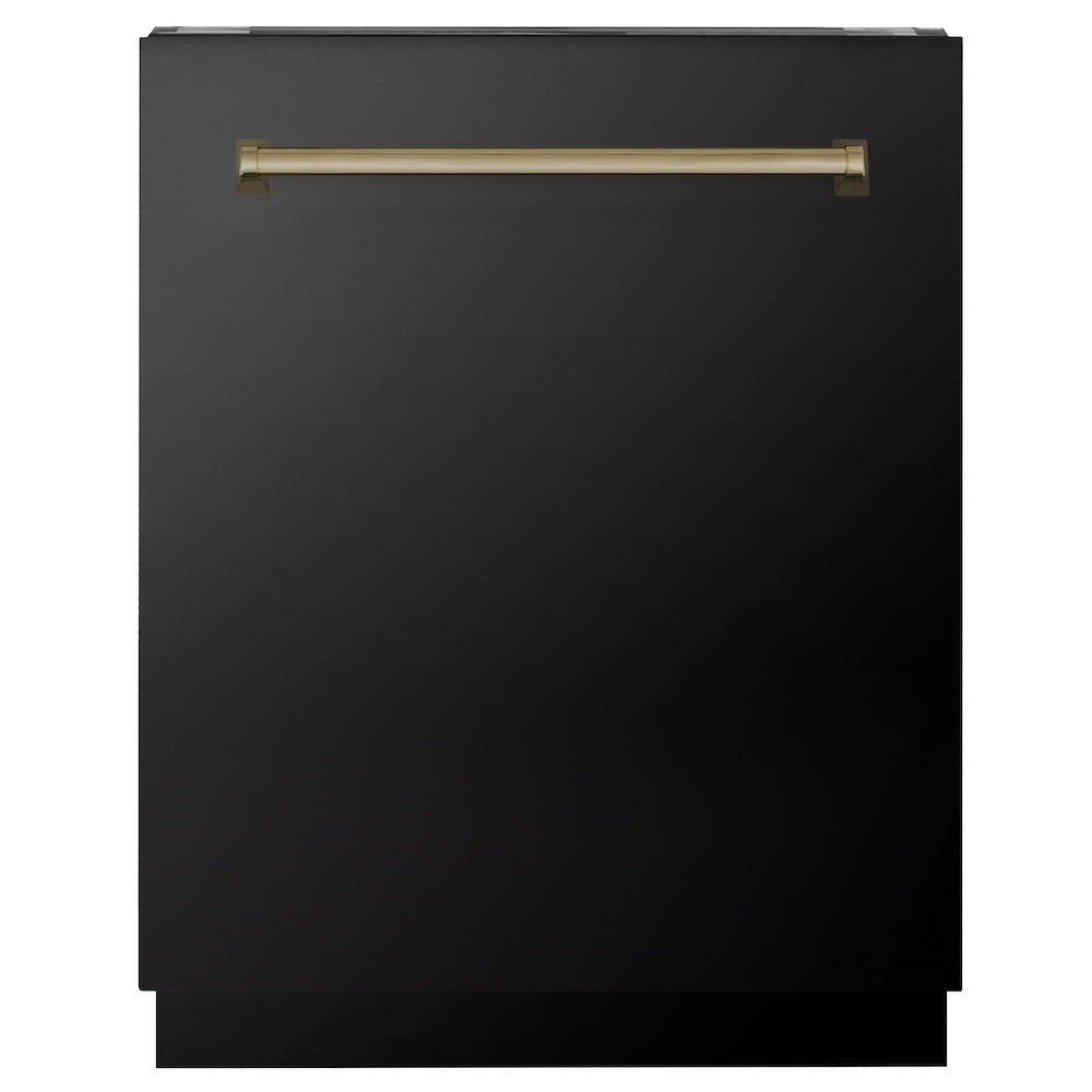 ZLINE Autograph Edition 24 in. Tallac Series 3rd Rack Top Control Built-In Tall Tub Dishwasher in Black Stainless Steel with Champagne Bronze Handle, 51dBa (DWVZ-BS-24-CB) main image.